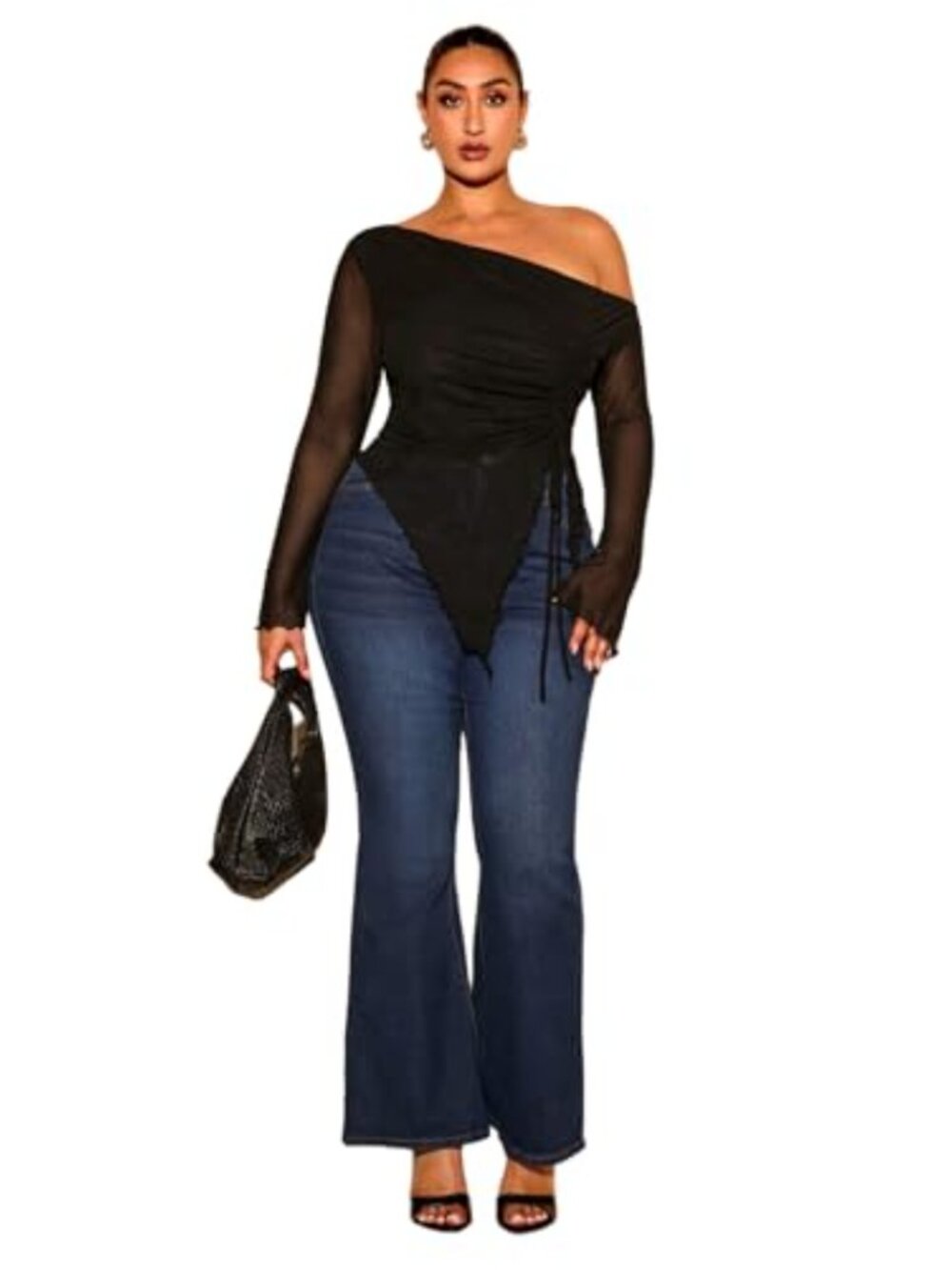 Plus Size Off Shoulder Sheer Mesh Asymmetrical Long Sleeve Top